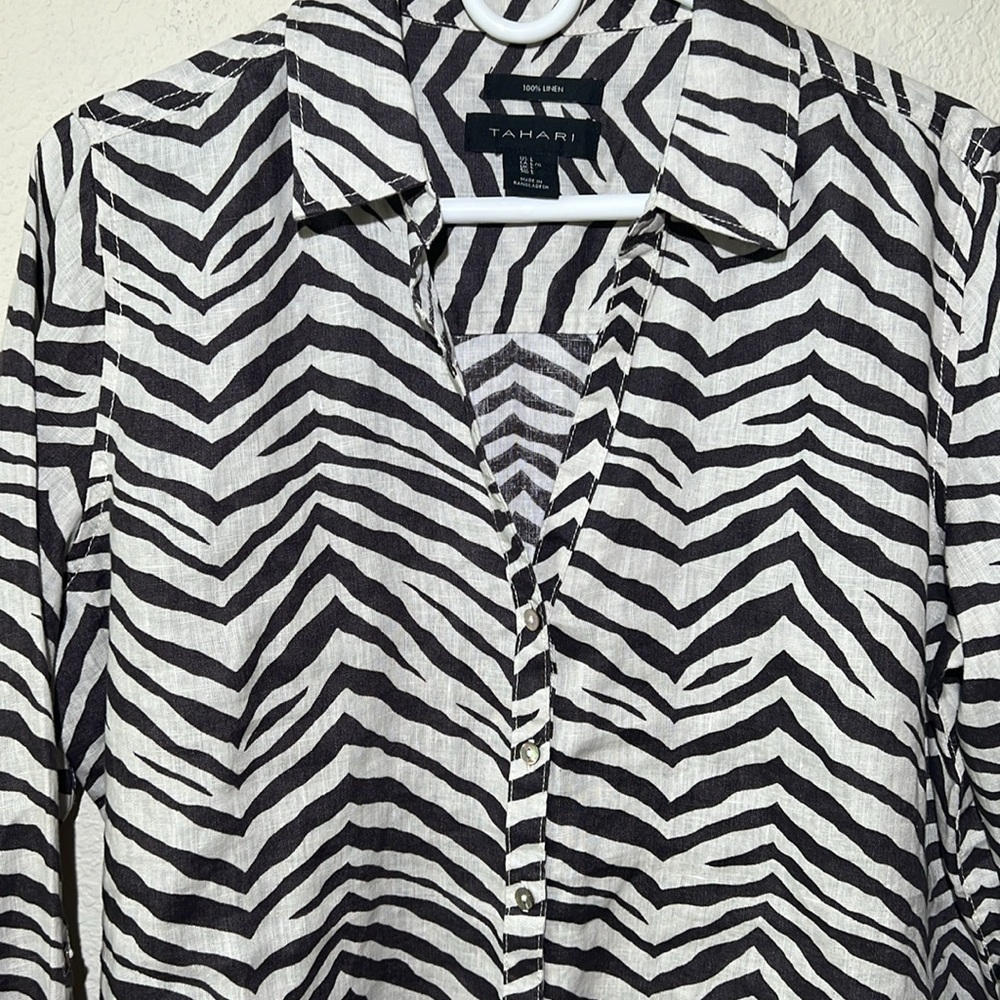 Tahari 100% Linen Zebra Shirt - Picture 3 of 5